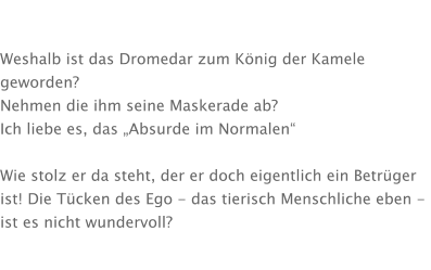 Weshalb ist das Dromedar zum König der Kamele geworden?  Nehmen die ihm seine Maskerade ab? Ich liebe es, das „Absurde im Normalen“  Wie stolz er da steht, der er doch eigentlich ein Betrüger ist! Die Tücken des Ego - das tierisch Menschliche eben -  ist es nicht wundervoll?